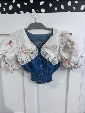 Mickey & Co Denim Floral Puff Sleeve Crop Top Disney Cottagecore Lace Blouse